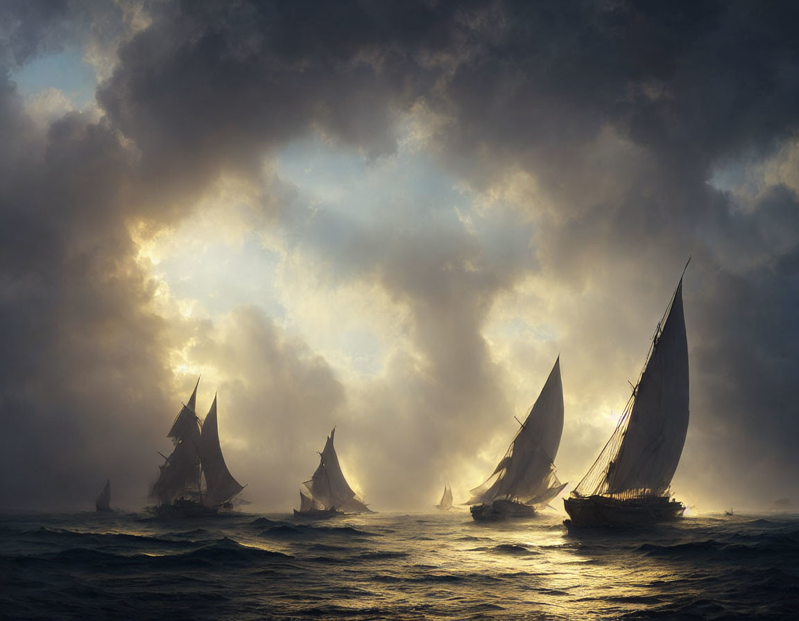 Sailing ships on stormy seas under dramatic sky