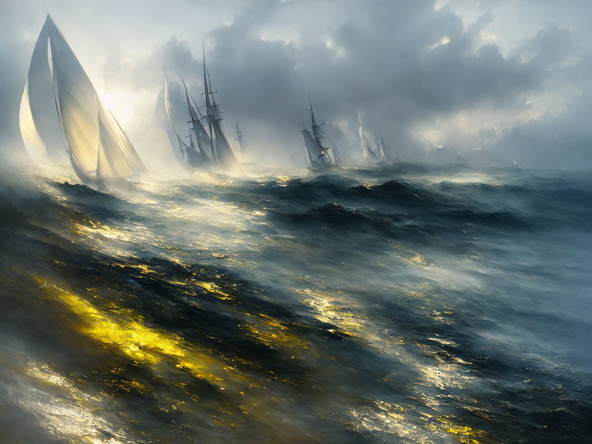 Sailing ships in stormy seas under dramatic sky