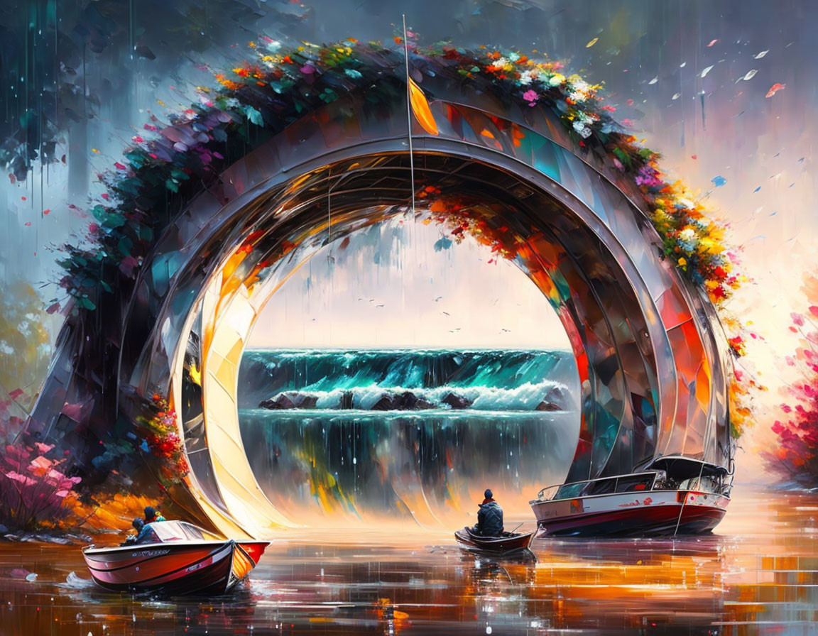 Colorful surreal artwork: Boats near circular waterfall with lush flowers