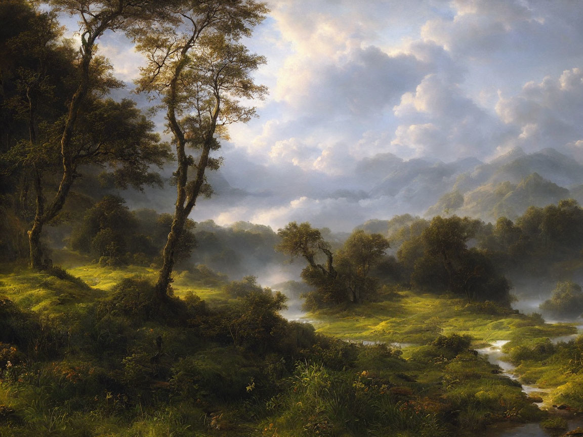 Tranquil landscape with greenery, stream, mountains, and cloudy sky.