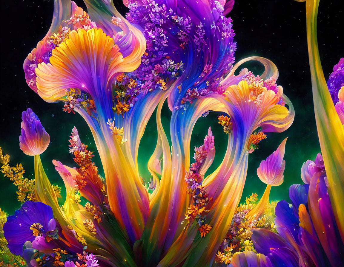 Colorful Floral Digital Art: Swirling Multicolored Flowers on Starry Night Background