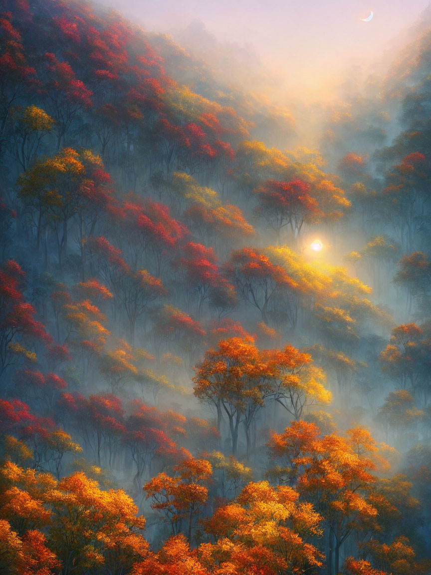 Tranquil autumn forest with red to yellow leaves, mist, sun, and crescent moon.