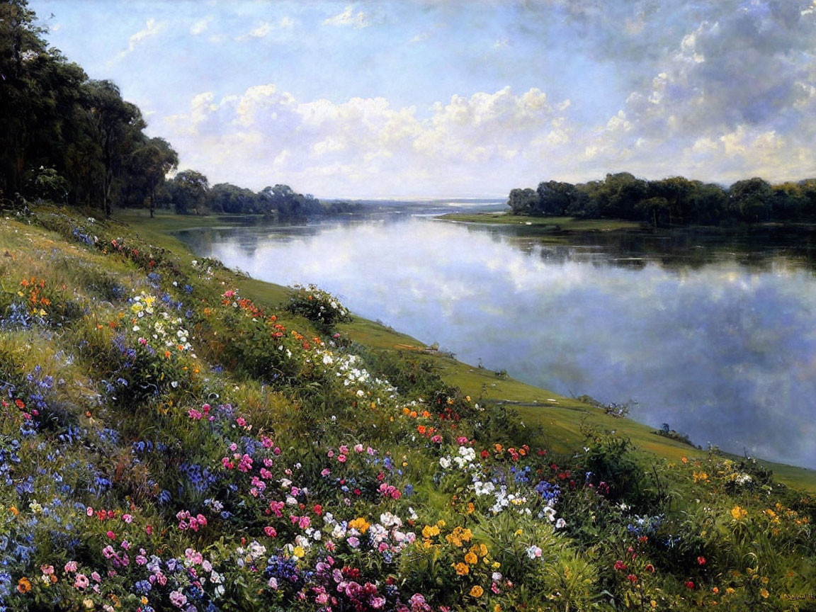 Tranquil river landscape with vibrant wildflowers and lush greenery