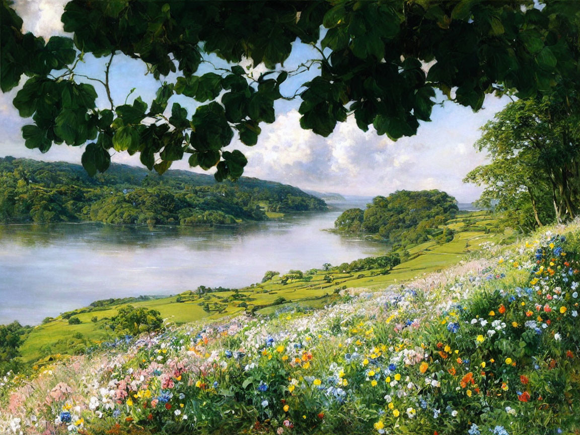 Vibrant flower-covered hillside and serene river in lush landscape