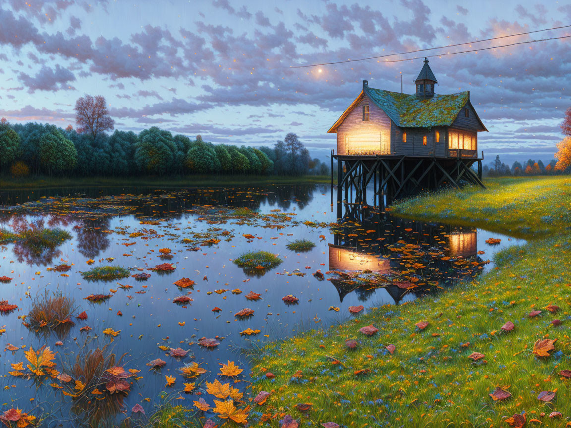 Tranquil autumn lake with wooden house on stilts