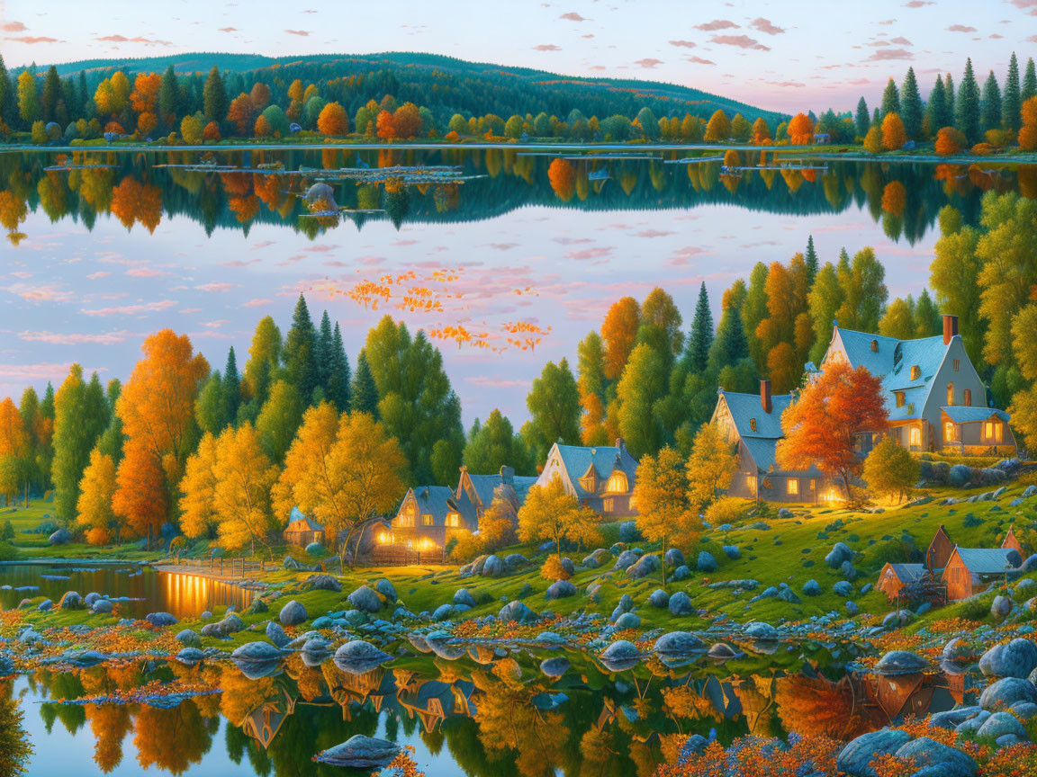 Tranquil autumn scenery with colorful trees and cozy houses by a reflective lake