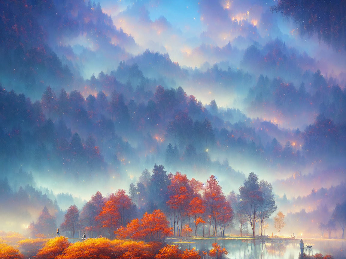 Tranquil Twilight Scene: Misty Forest Hills, Autumn Trees & Calm Lake