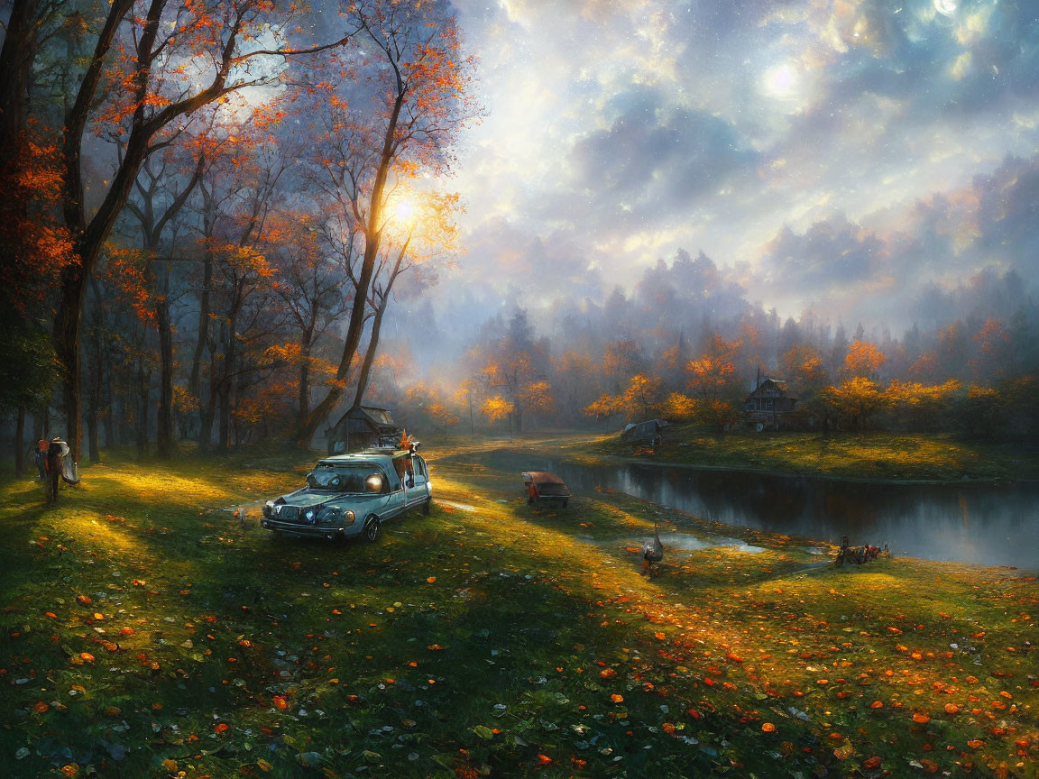 Autumn lakeside view with classic car, couple, cabin, and soft sunlight