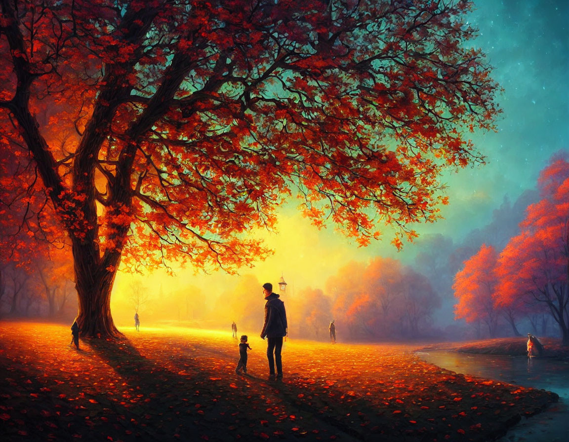 Vibrant autumn scene with person and child under red tree in misty park