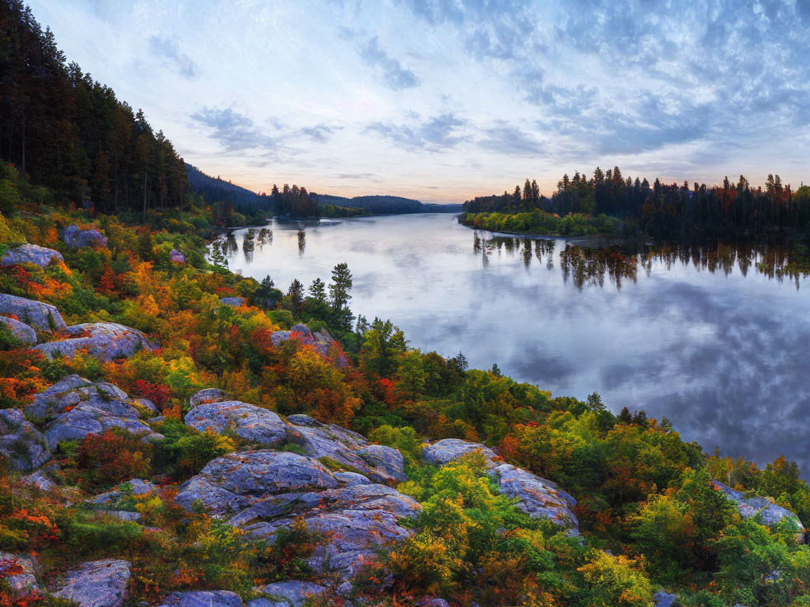 Tranquil Dusk Landscape with Reflective Lake and Autumn Forests