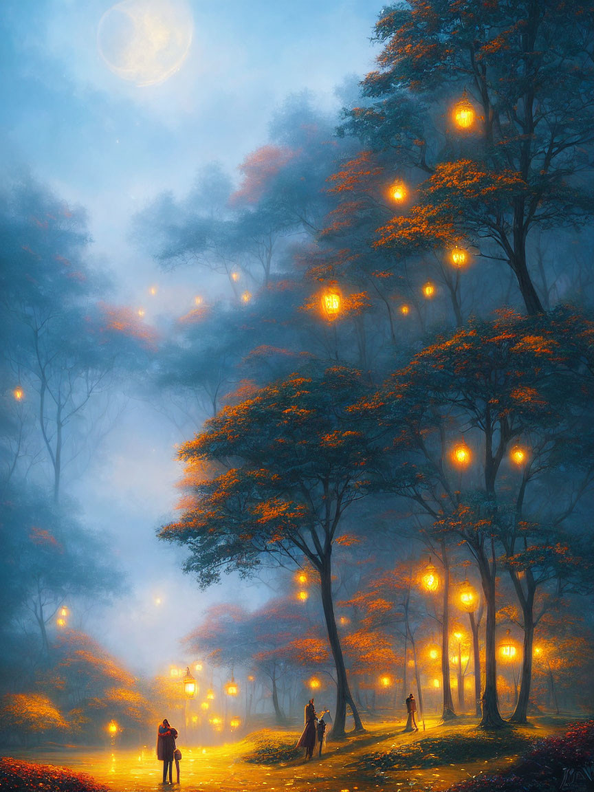 Night forest scene with illuminated trees, full moon, and lantern-lit mist.