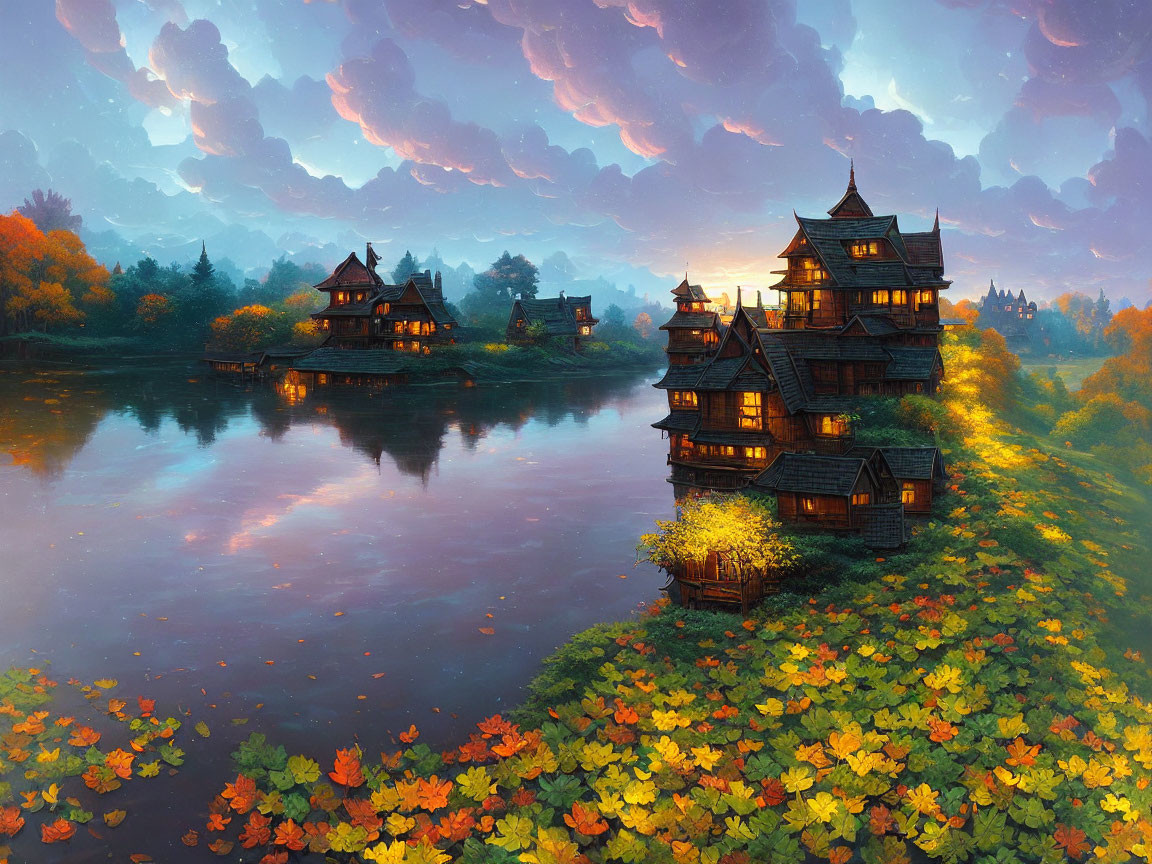 Autumnal lakeside view with wooden houses and colorful foliage.