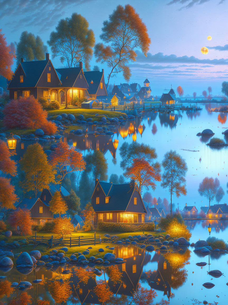 Serene Lakeside Village at Twilight with Autumn Trees