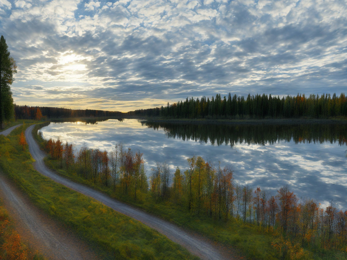 Tranquil sunset over lake with sky and tree reflections, near winding autumn road