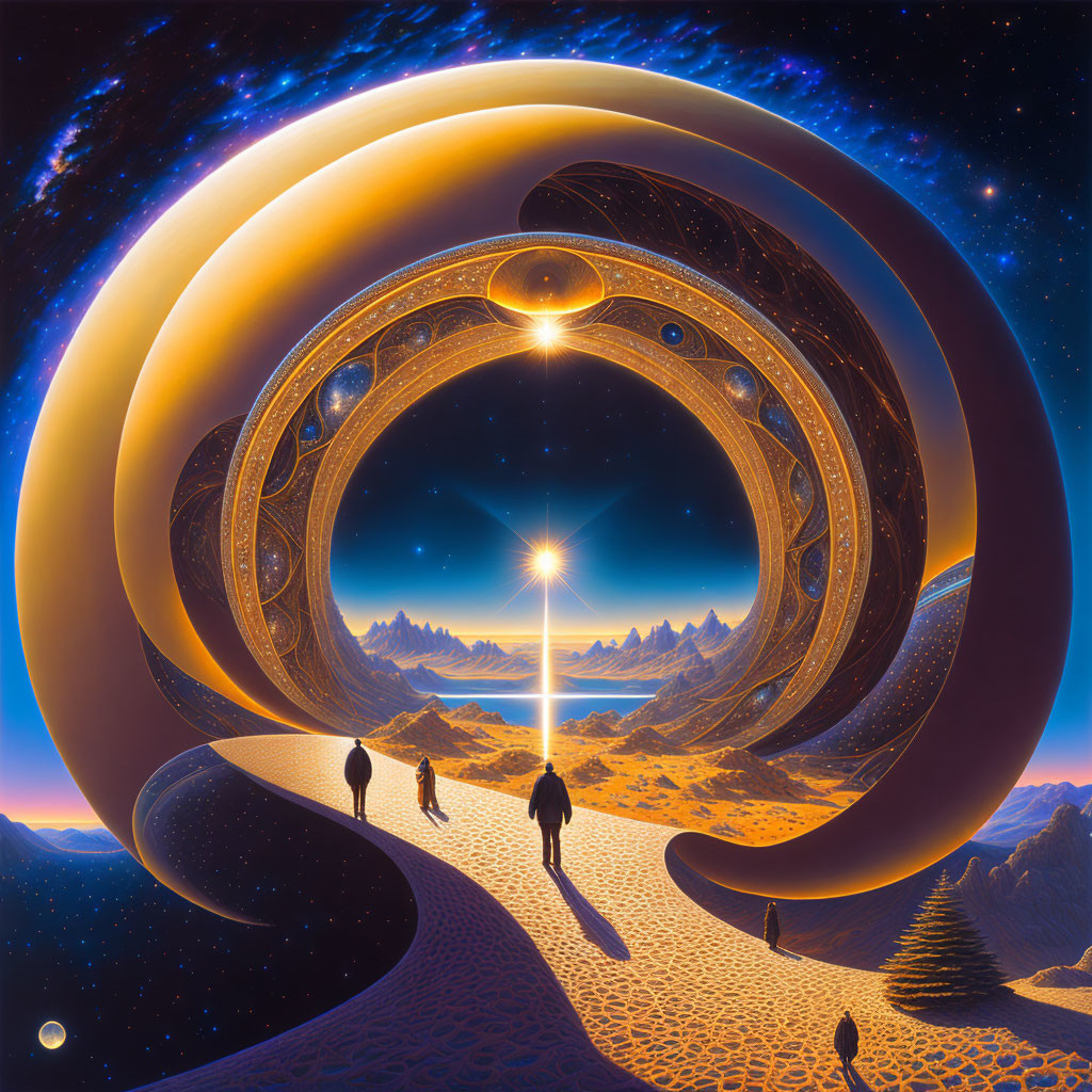 Surreal landscape with starry sky, people walking towards giant ringed portals, cosmic vista with