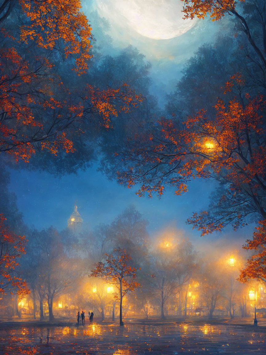 Autumn park at dusk: mist, street lamps, full moon, tower silhouette, people under orange