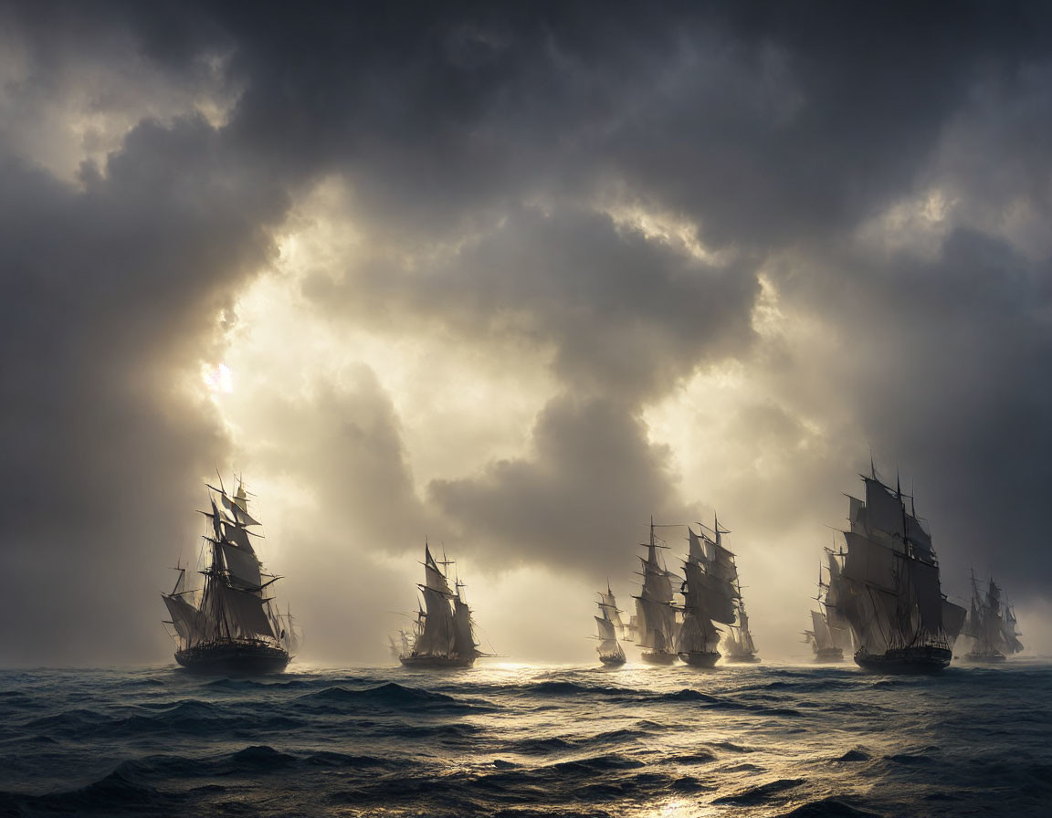 Tall ships sailing under stormy skies with dramatic sunlight over sea