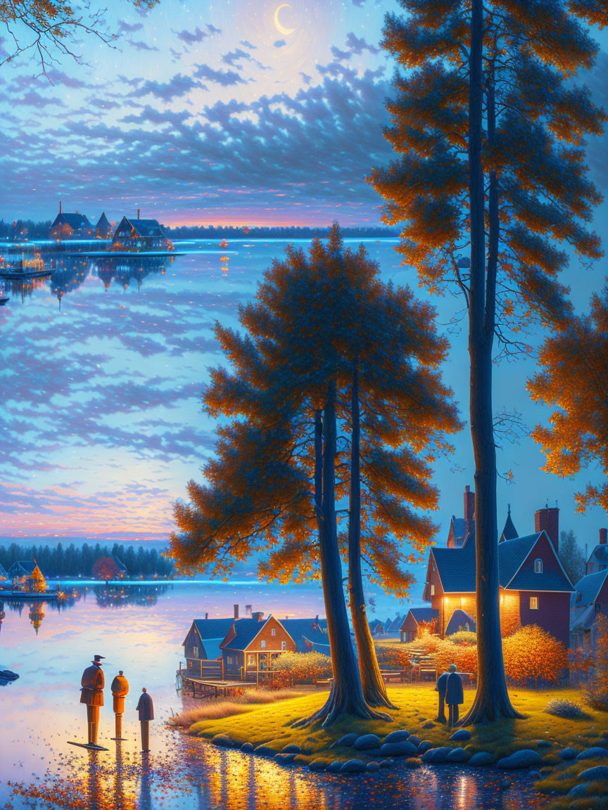 Twilight lake scene with silhouettes, lit houses, trees, and crescent moon