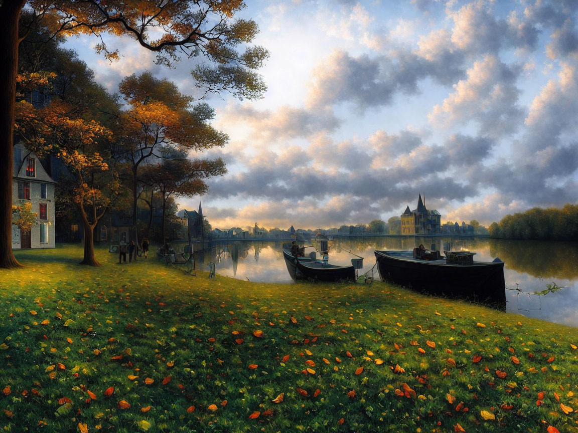 Autumn riverside sunrise with boats, castle, trees, leaves, and cloudy sky