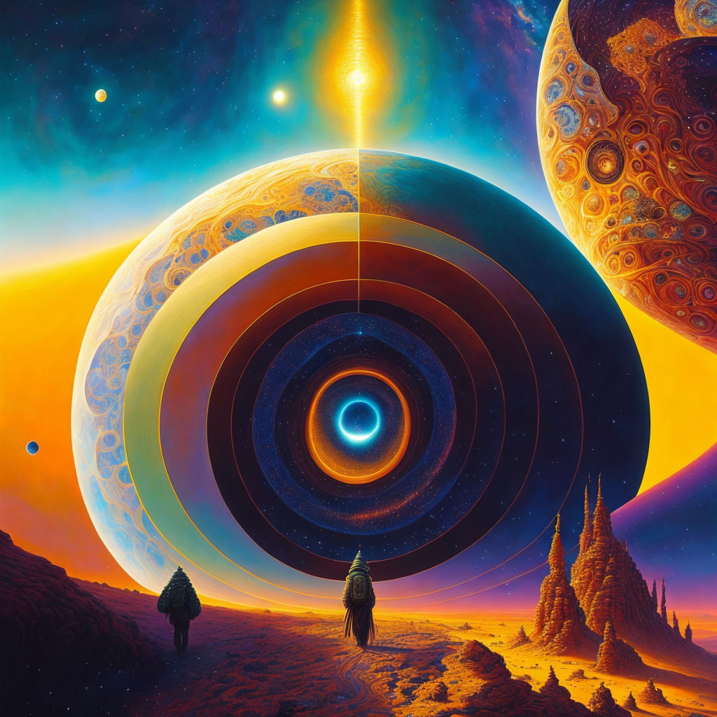 Surreal cosmic landscape with figures observing concentric planetary bodies