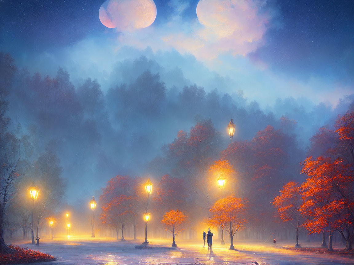 Romantic nightscape with couple under glowing streetlights, autumn trees, and large moon.