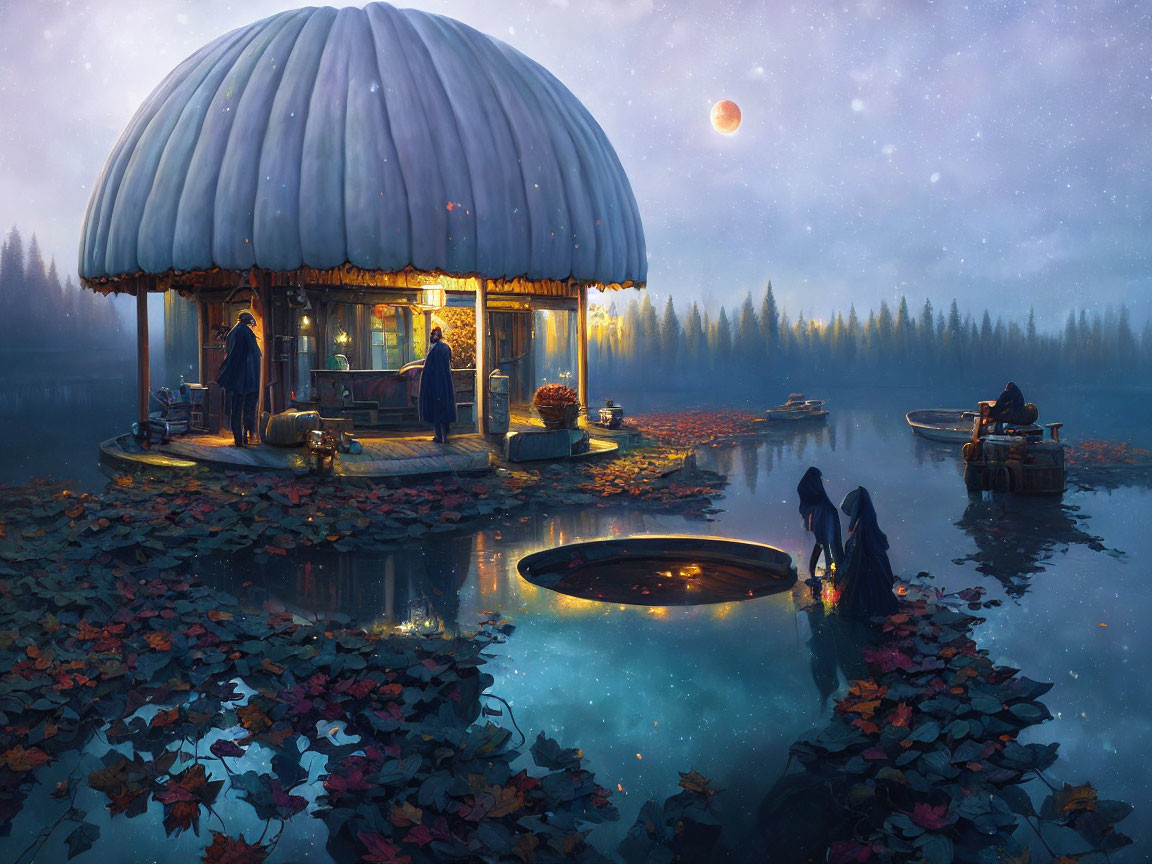 Tranquil lakeside evening with domed structure, people, boats, starry sky, cres