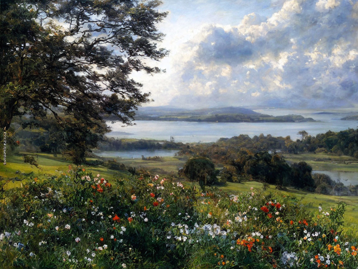 Vibrant wildflowers, serene lake, rolling hills - picturesque landscape painting