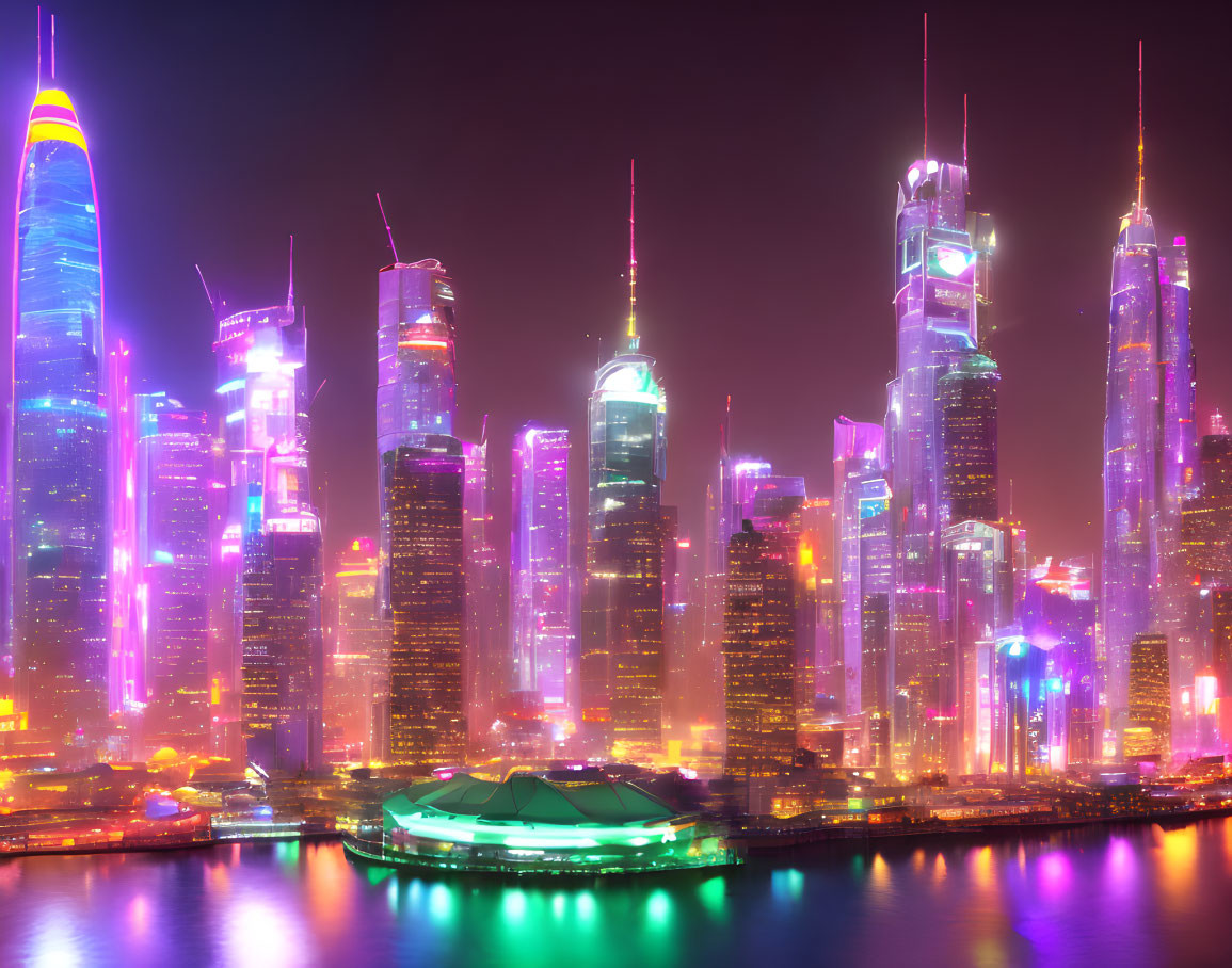 Modern city skyline with neon-lit skyscrapers and waterfront reflections