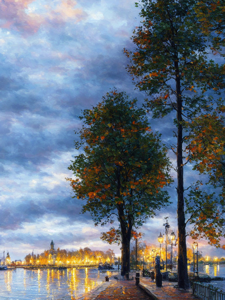 Autumn riverside walkway painting with street lamps and dusk sky