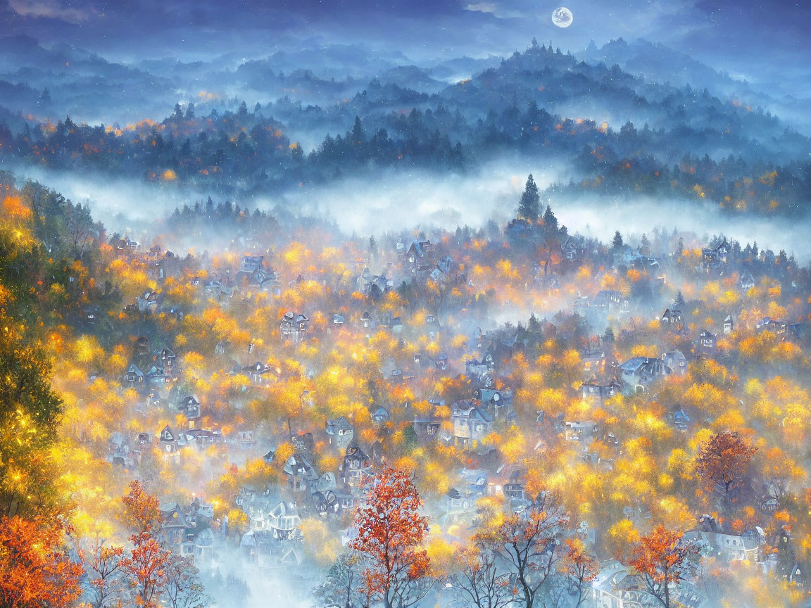 Autumnal landscape: village in misty forested hills at dusk