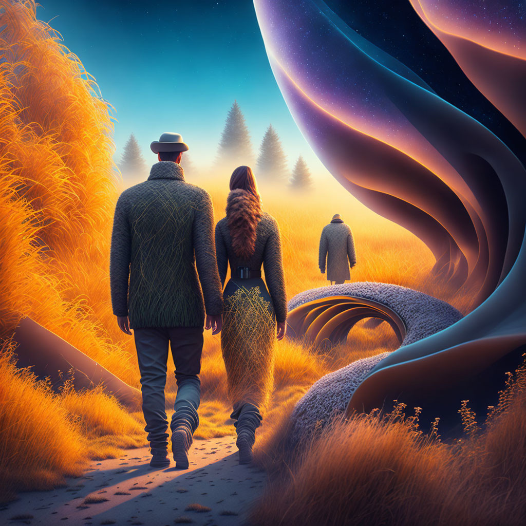 Couple walking hand-in-hand in surreal landscape under starry sky