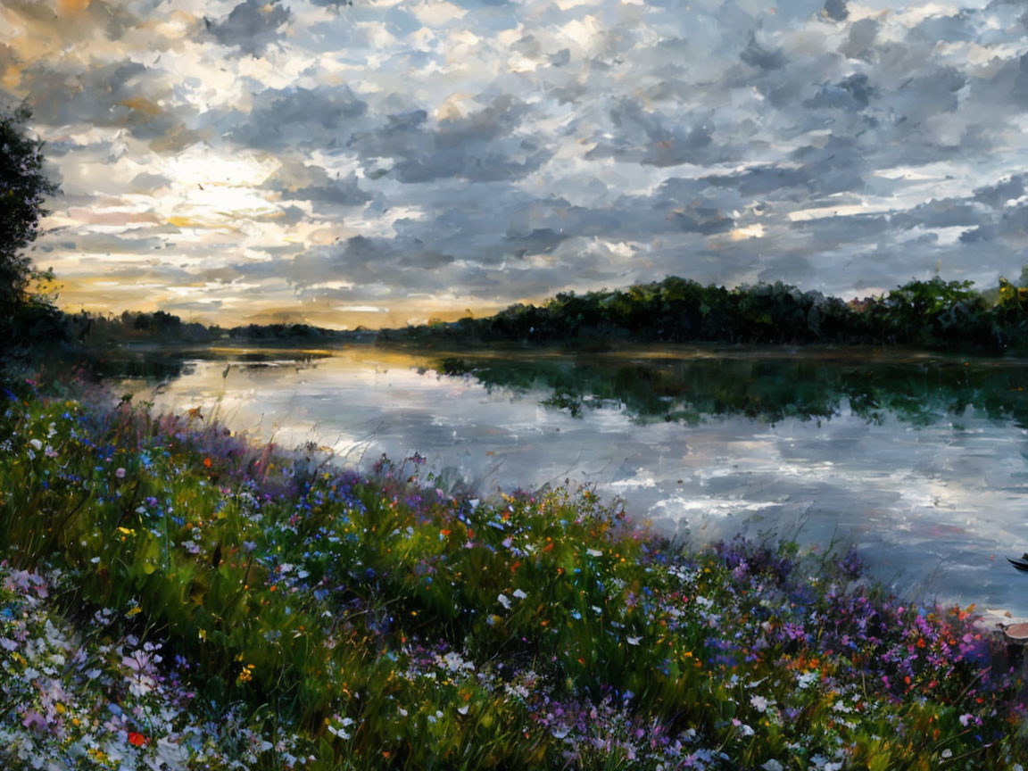 Tranquil river sunrise with colorful wildflowers and fluffy clouds