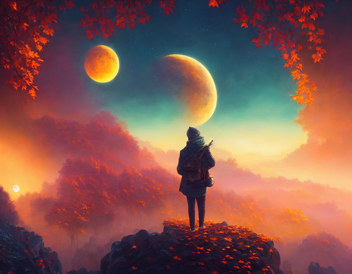 Figure gazes at crescent and full moons in misty autumn landscape