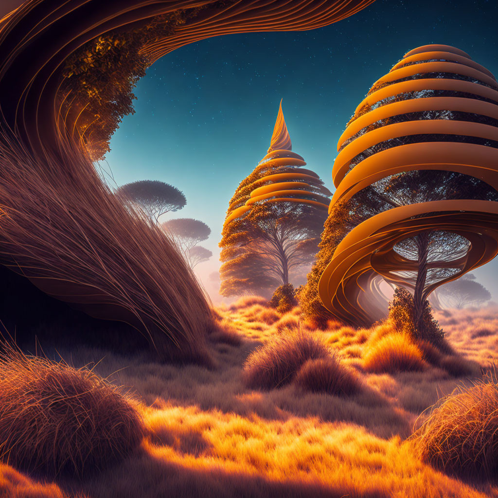 Surreal landscape with orange grass and fantastical swirled trees