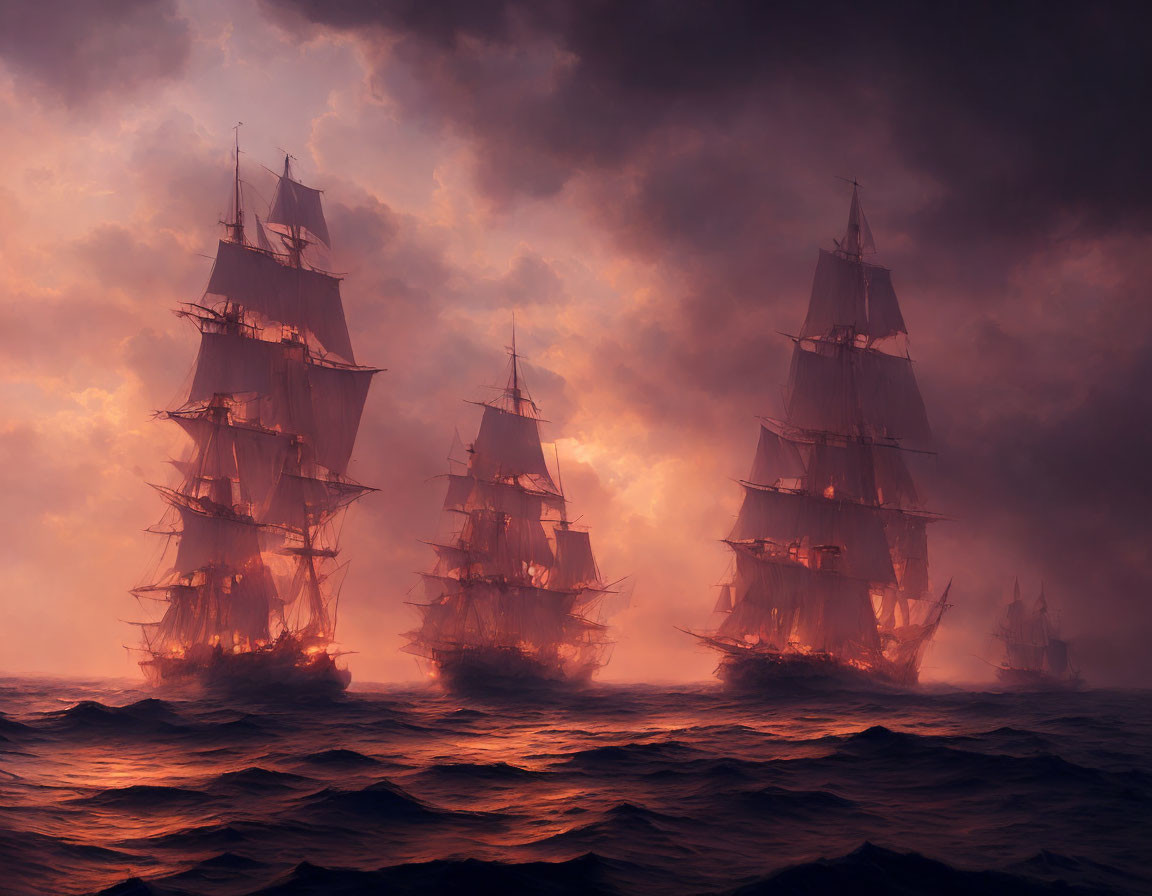 Tall ships sailing in stormy seas under orange sky