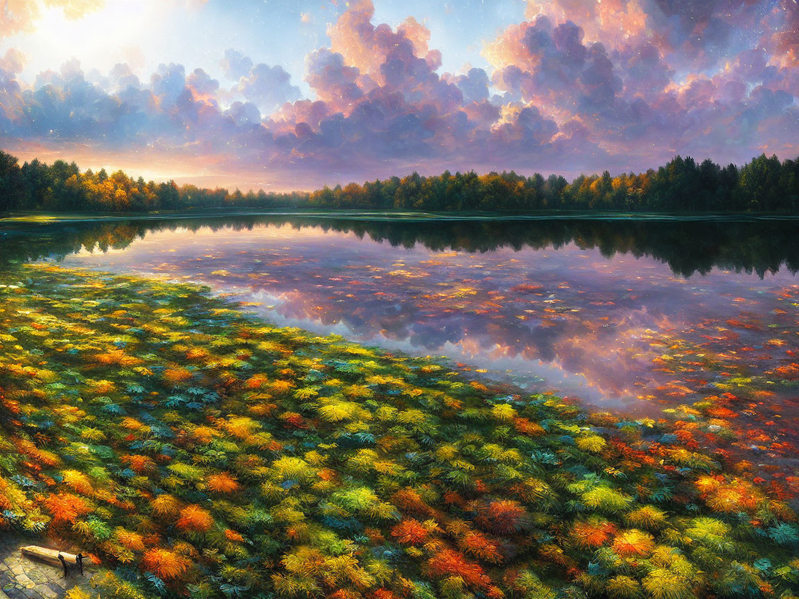 Tranquil lake reflecting vivid sunrise and lush landscape