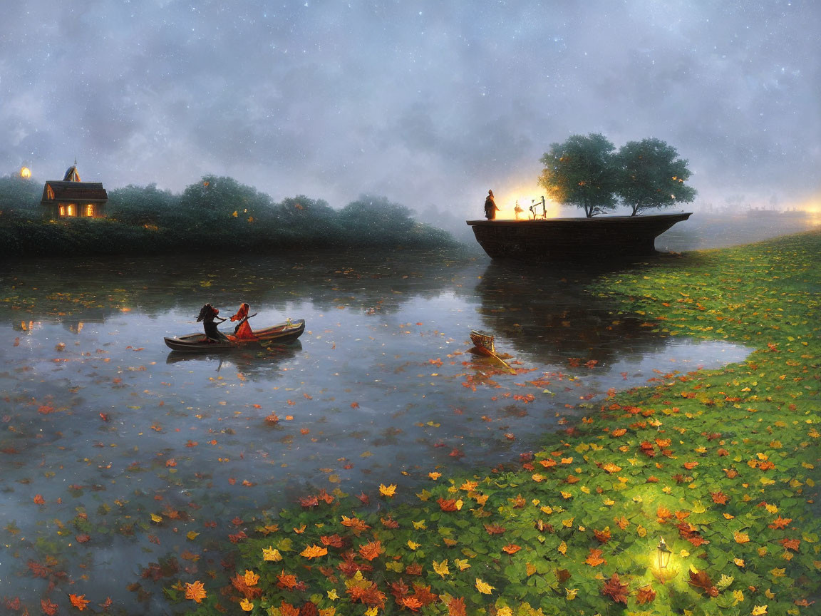 Tranquil twilight lake scene with canoeing couple, autumn leaves, lit boat & distant house