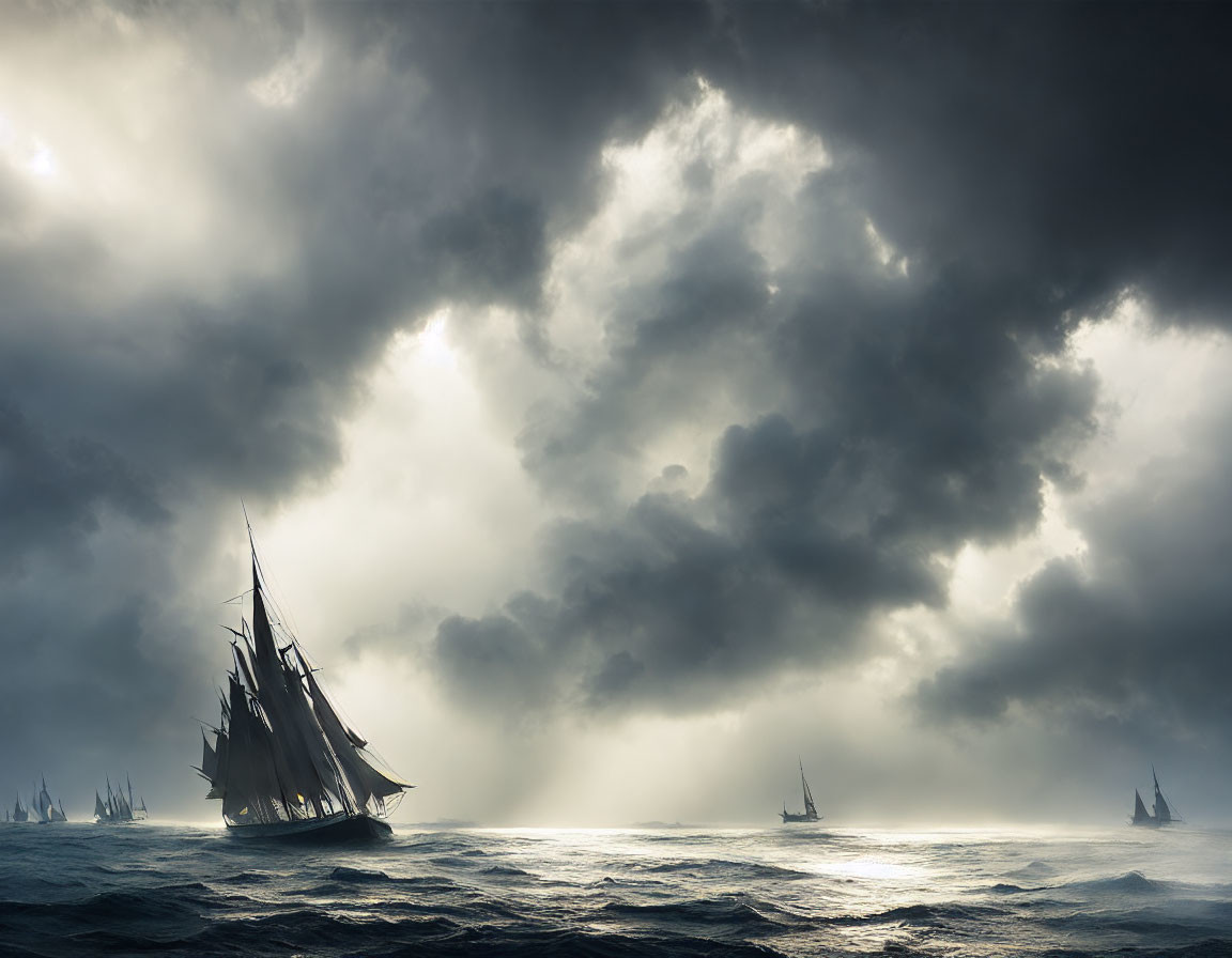 Dramatic sailing ships on tumultuous sea under cloudy sky