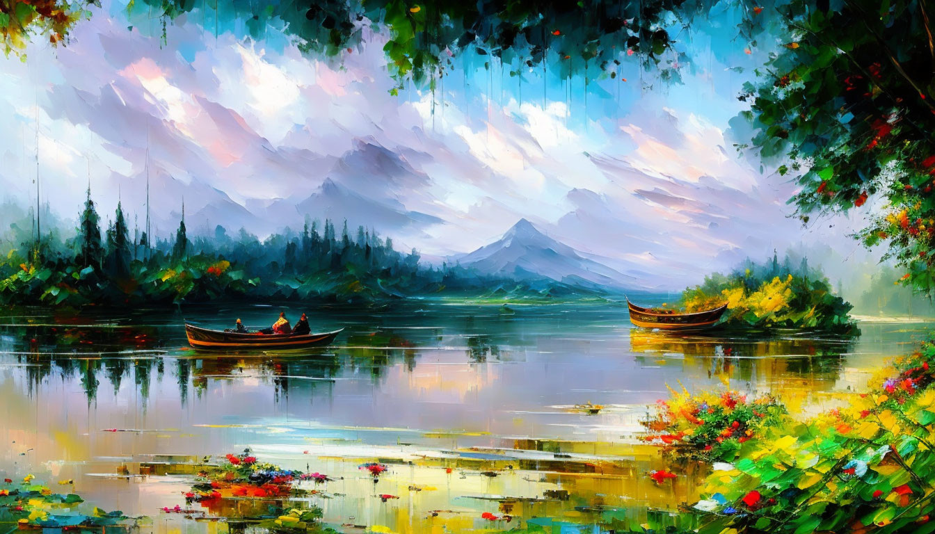 Colorful painting of boats on lake with flowers, misty mountains.