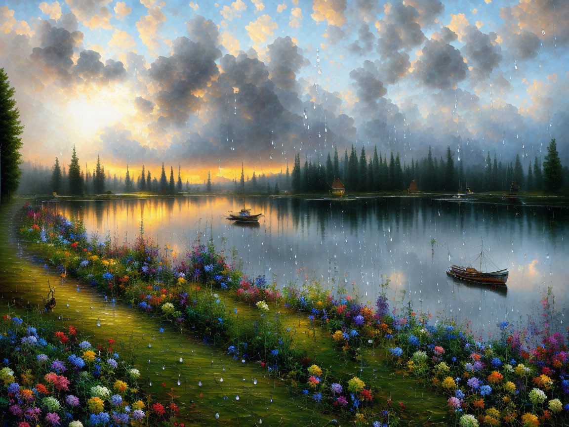 Tranquil lake with boats, lush forests, vibrant flowers under cloudy sunrise sky