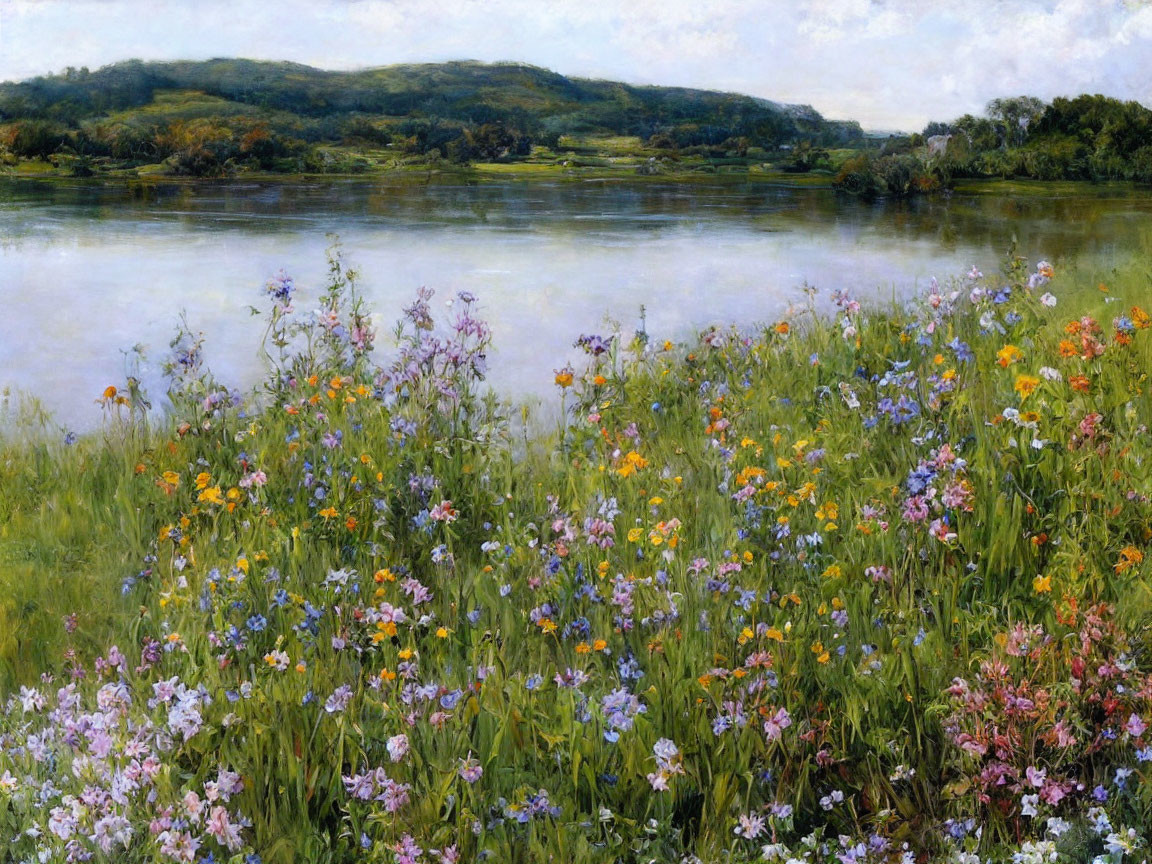 Tranquil lake scene with lush hills and wildflowers