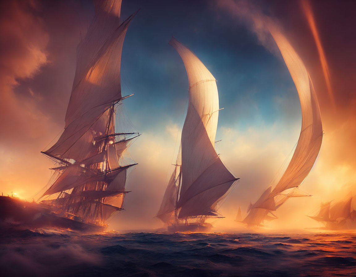 Tall ships with billowing sails in stormy seas under orange-lit sky