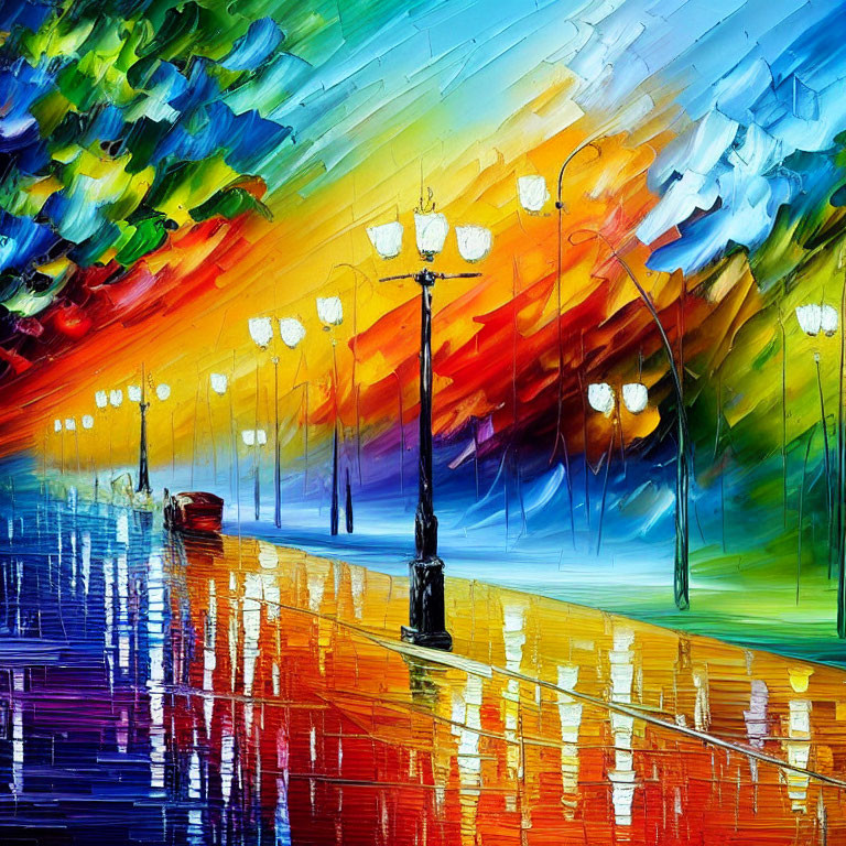 Impressionist-style painting of rainy street with glowing lampposts