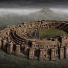 Misty forest landscape with ancient stone ruins and mountains