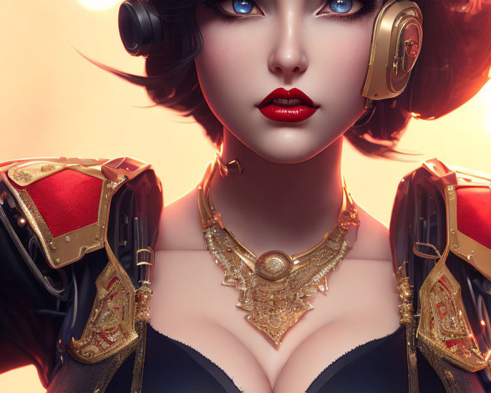 Digital portrait of a woman with blue eyes, red lipstick, and golden headphones in black and red attire