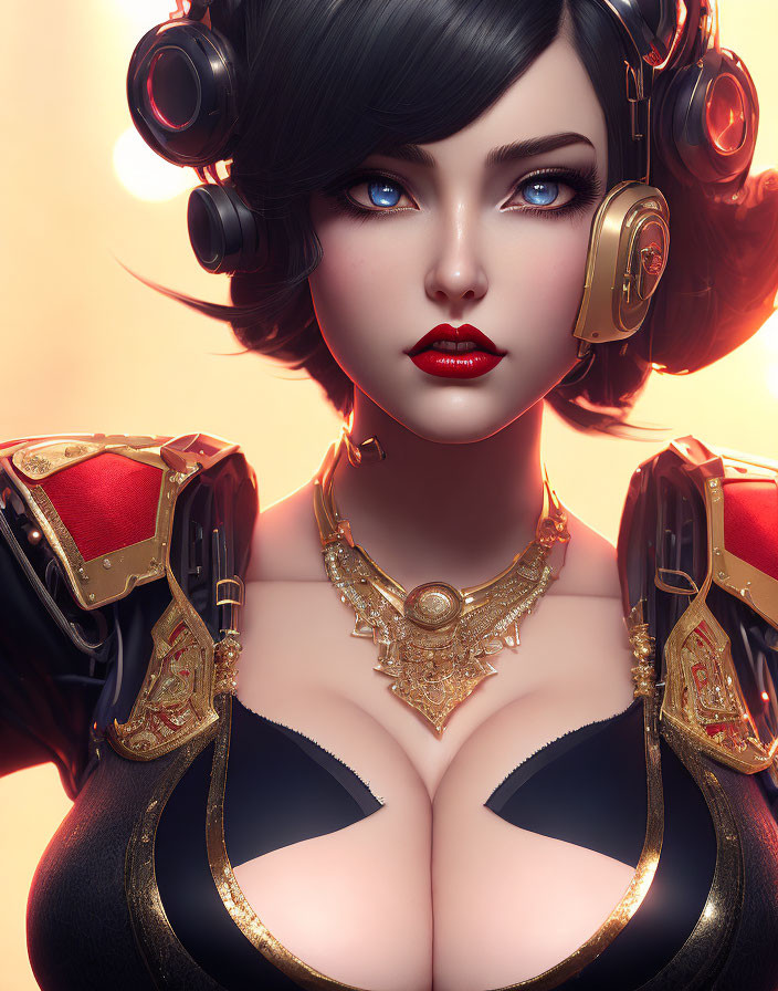 Digital portrait of a woman with blue eyes, red lipstick, and golden headphones in black and red attire