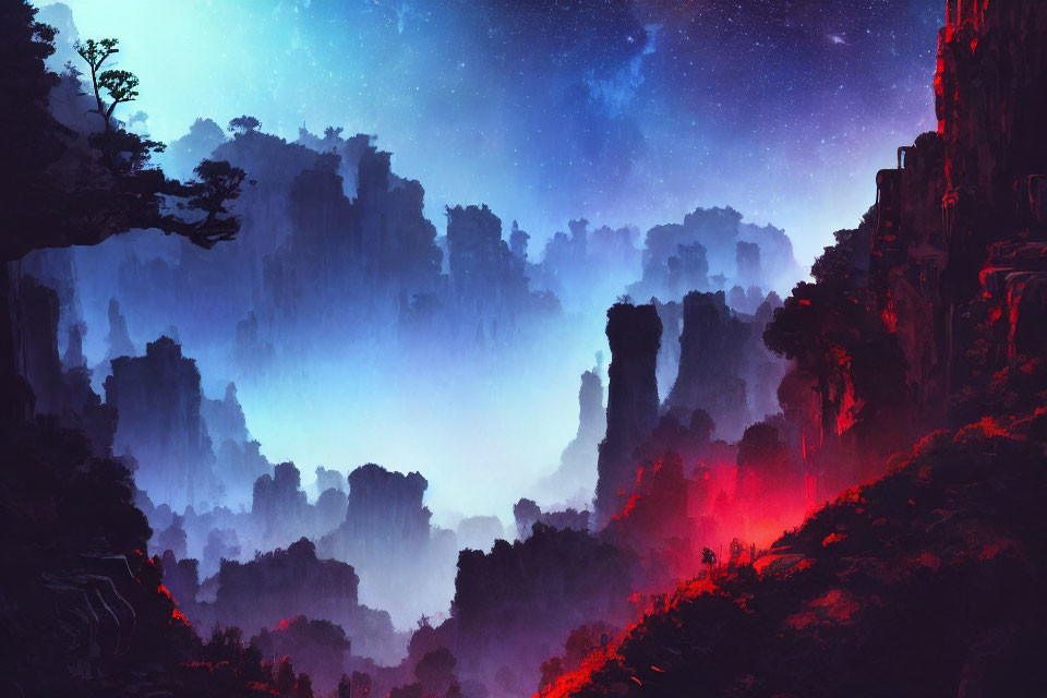 Mystical landscape with rocky cliffs, lone tree, and starry night sky