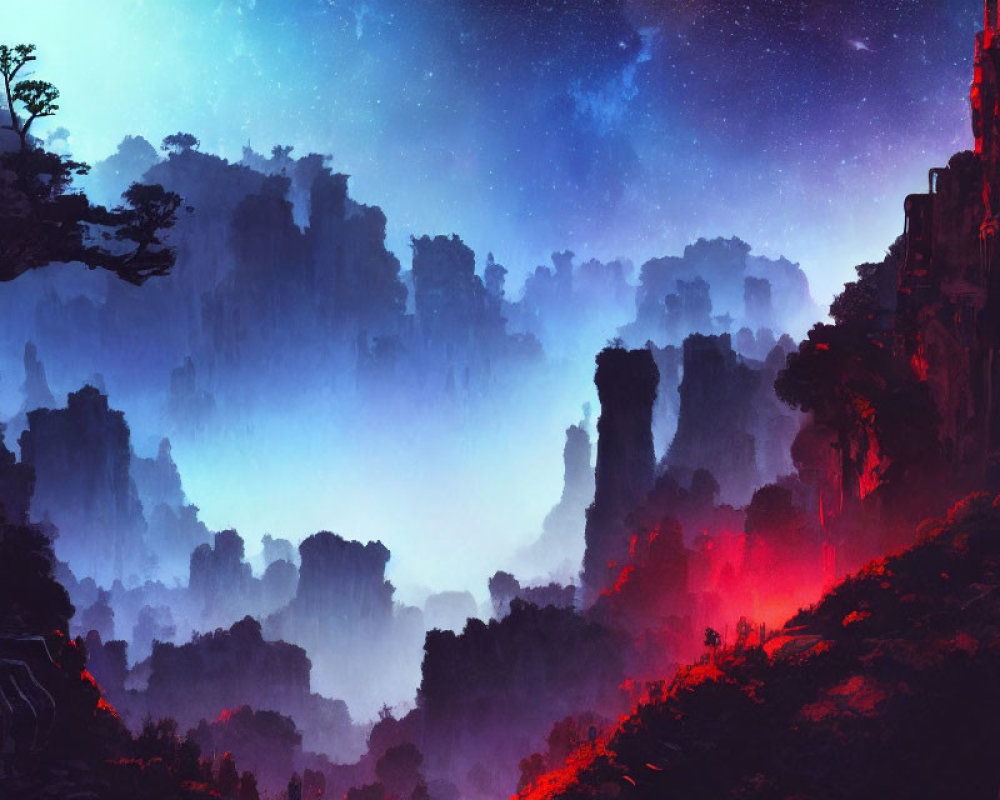 Mystical landscape with rocky cliffs, lone tree, and starry night sky