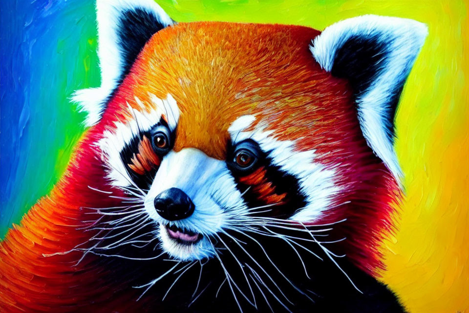 Colorful painting of a red panda with black and white facial features on blue and yellow backdrop