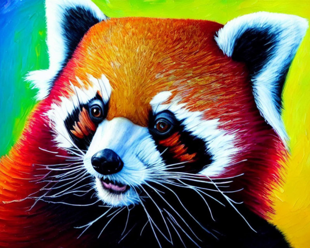 Colorful painting of a red panda with black and white facial features on blue and yellow backdrop